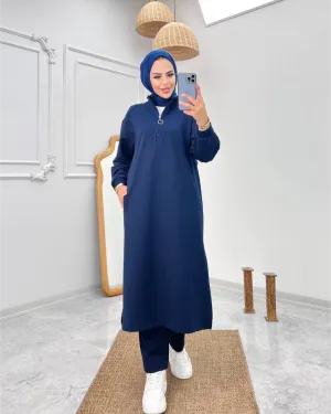 Cozy Sport Outfit of 2-Pieces in Navy Blue Shade  طقم رياضي دافئ مكون من قطعتين باللون الكحلي الجميل