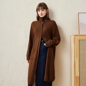 100% Wool Cardigan Cable Knit Long Front Button Coat