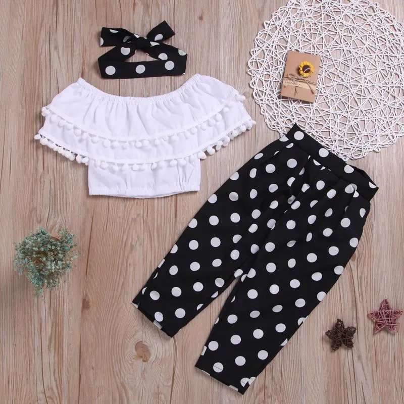 3-piece Solid Tassl Tops & Polka Dot Pants & Headband for Toddler Girl