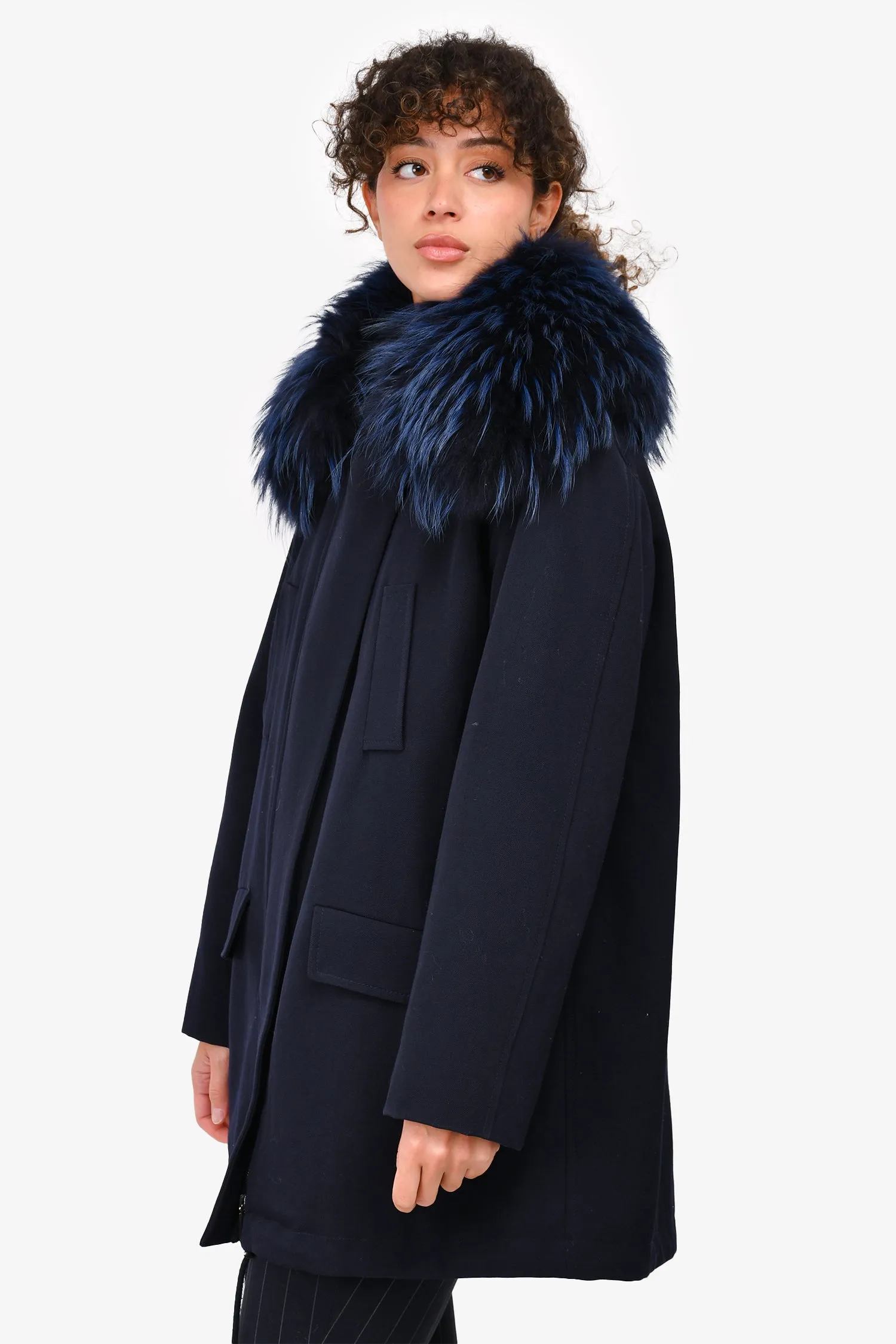 Alberta Ferretti Navy Wool Front Pocket Fur Hooded Coat Size L