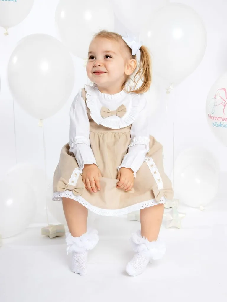 Baby Girl Lucia Collection Dress with Bows and Frilly long sleeve - Beige