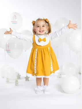 Baby Girl Lucia Collection Dress with Bows and Frilly long sleeve -  Mustard