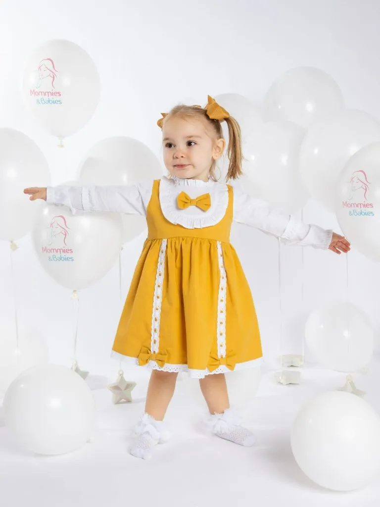 Baby Girl Lucia Collection Dress with Bows and Frilly long sleeve -  Mustard