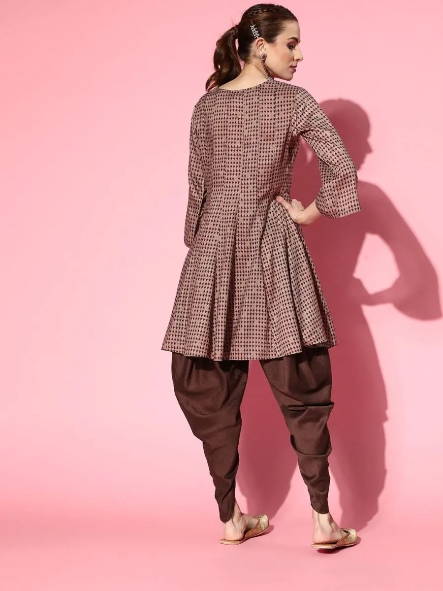 Beige and Grey Printed Embroidered Kurta with Dhoti Pants