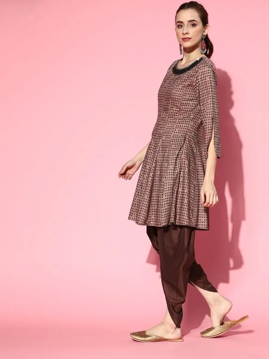 Beige and Grey Printed Embroidered Kurta with Dhoti Pants