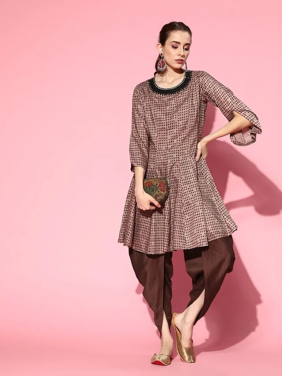 Beige and Grey Printed Embroidered Kurta with Dhoti Pants