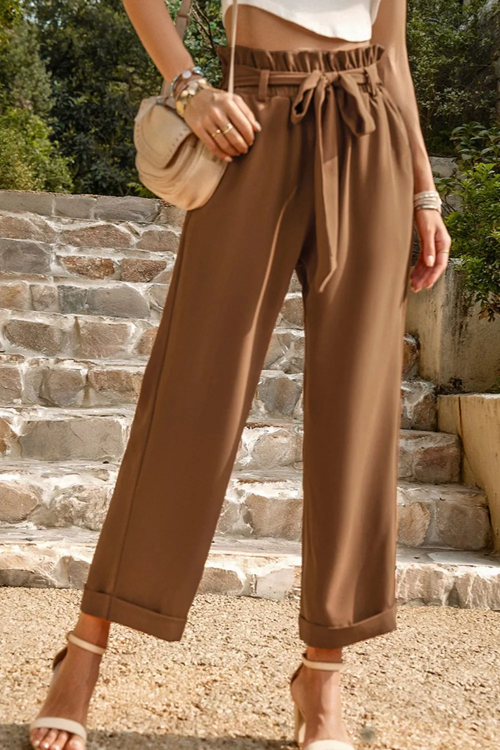 Belted Paperbag Waist Straight Leg Pants