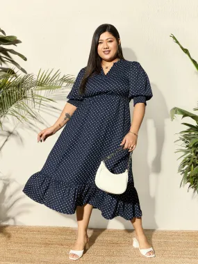 Berrylush Curve Women Navy Blue & White Polka Dot Printed Mandarin Collar Neck Crepe Pleated Fit & Flare Midi Dress