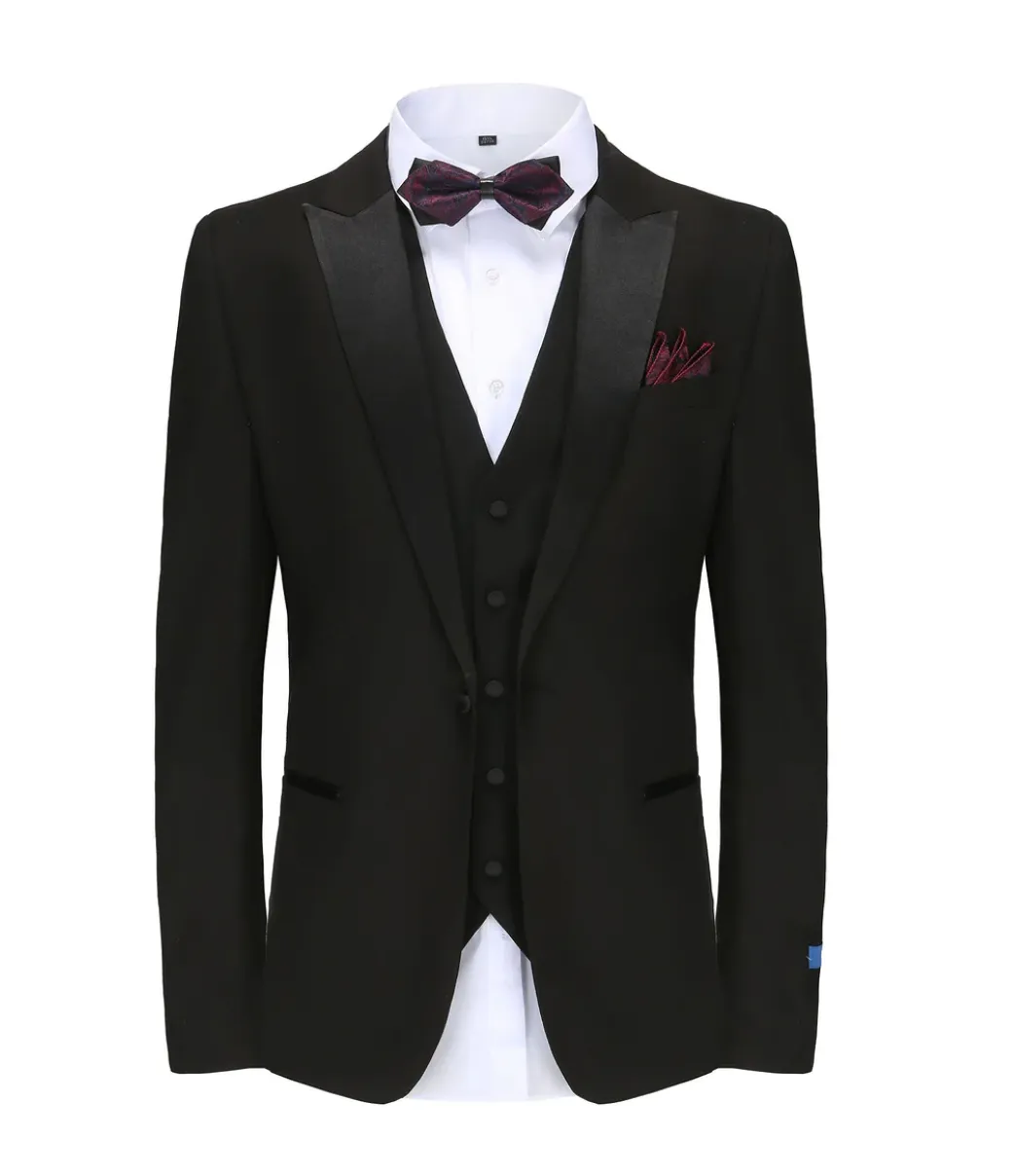 Black Men's Tuxedo Suit Slim-Fit Black Satin Peak Lapel TX-500