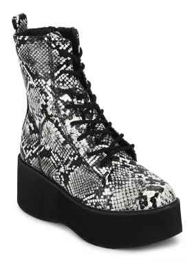 Black White Snake Flatform Lace-up Ankle Boots