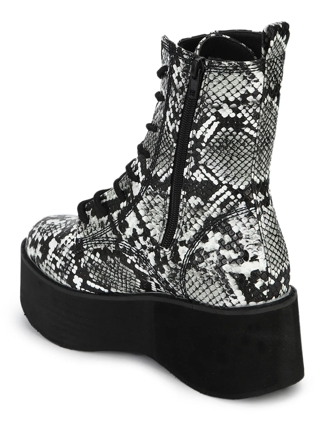 Black White Snake Flatform Lace-up Ankle Boots