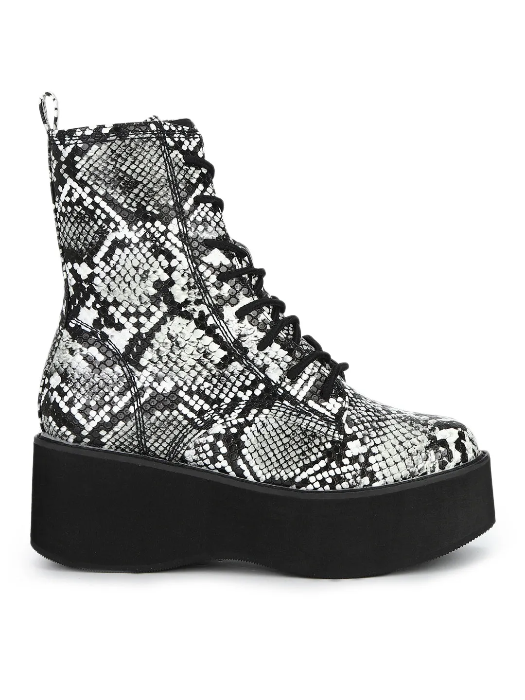 Black White Snake Flatform Lace-up Ankle Boots