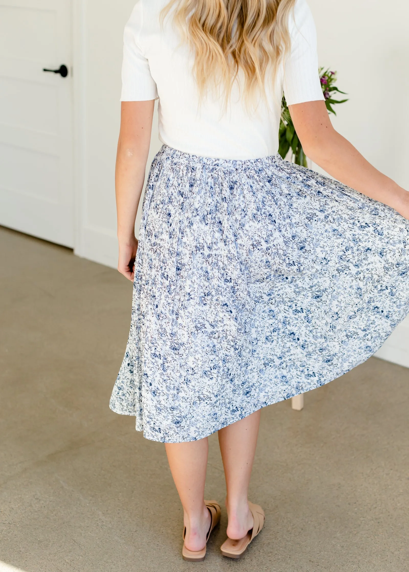 Blue Floral Pleated Midi Skirt