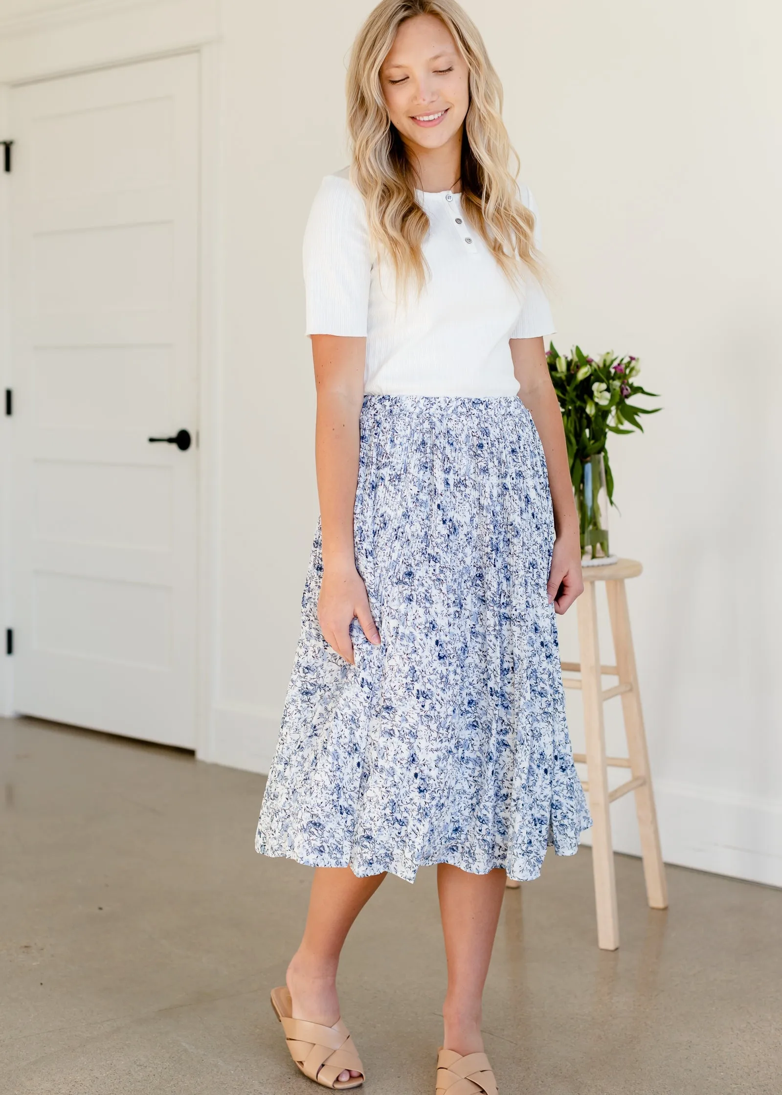 Blue Floral Pleated Midi Skirt