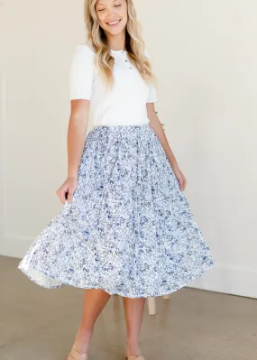 Blue Floral Pleated Midi Skirt