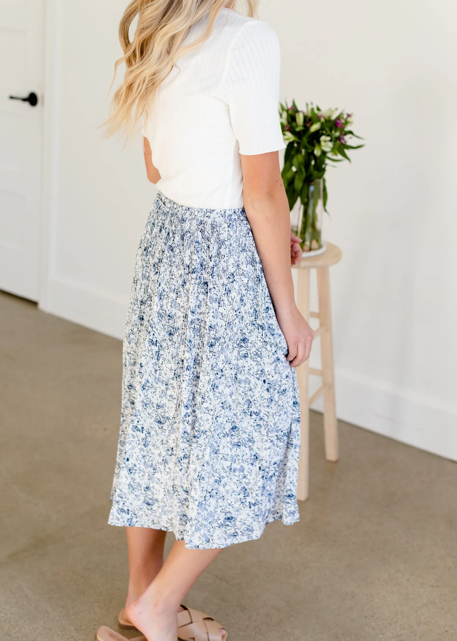 Blue Floral Pleated Midi Skirt