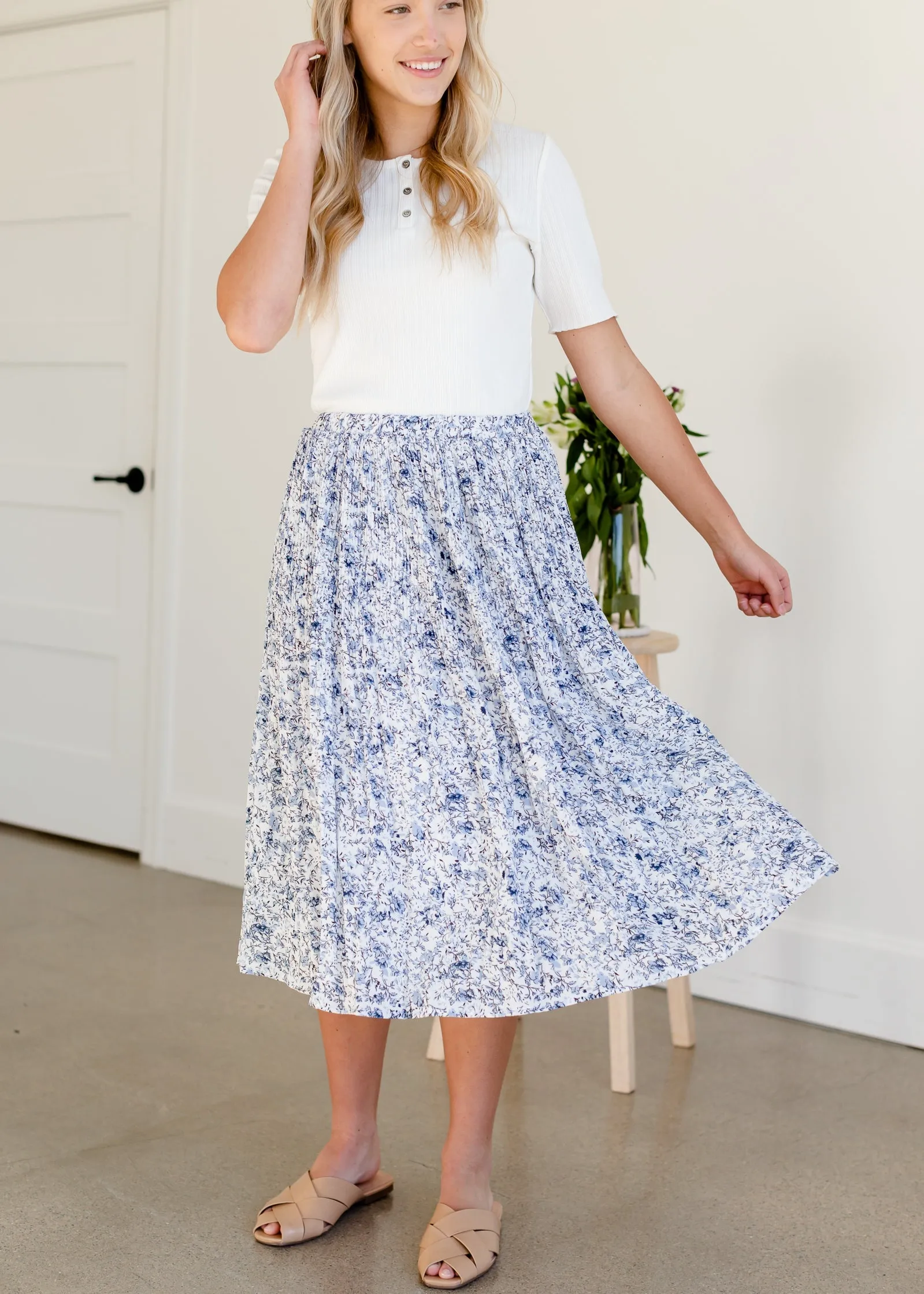 Blue Floral Pleated Midi Skirt