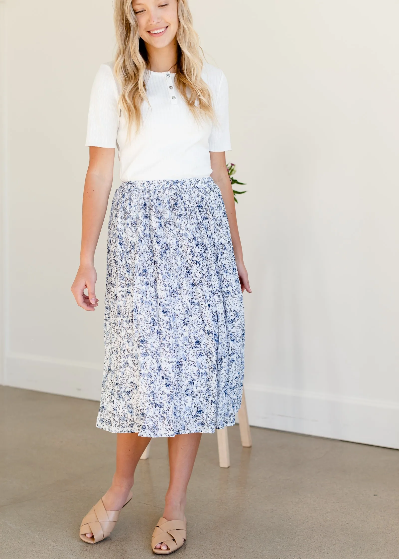 Blue Floral Pleated Midi Skirt