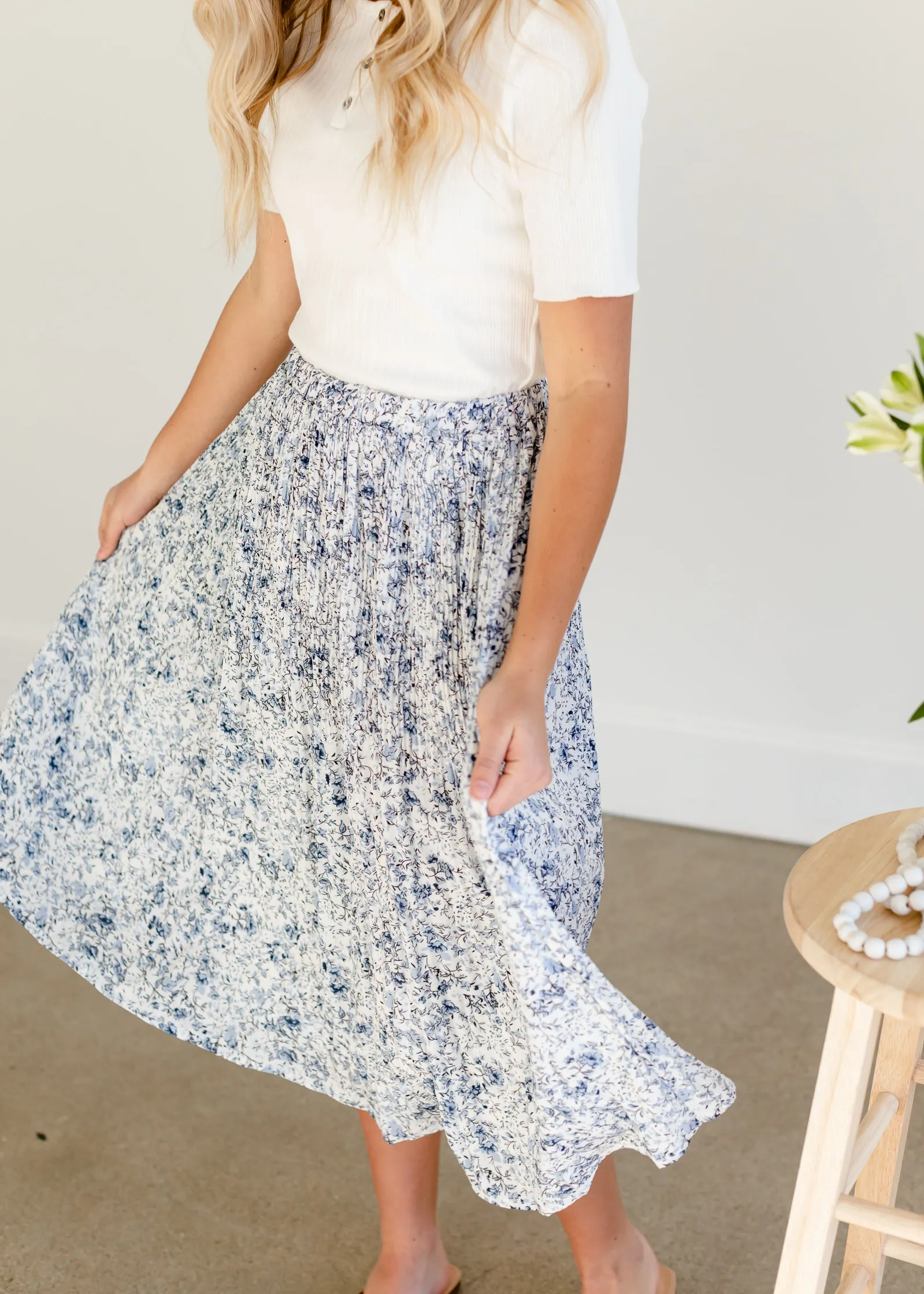 Blue Floral Pleated Midi Skirt