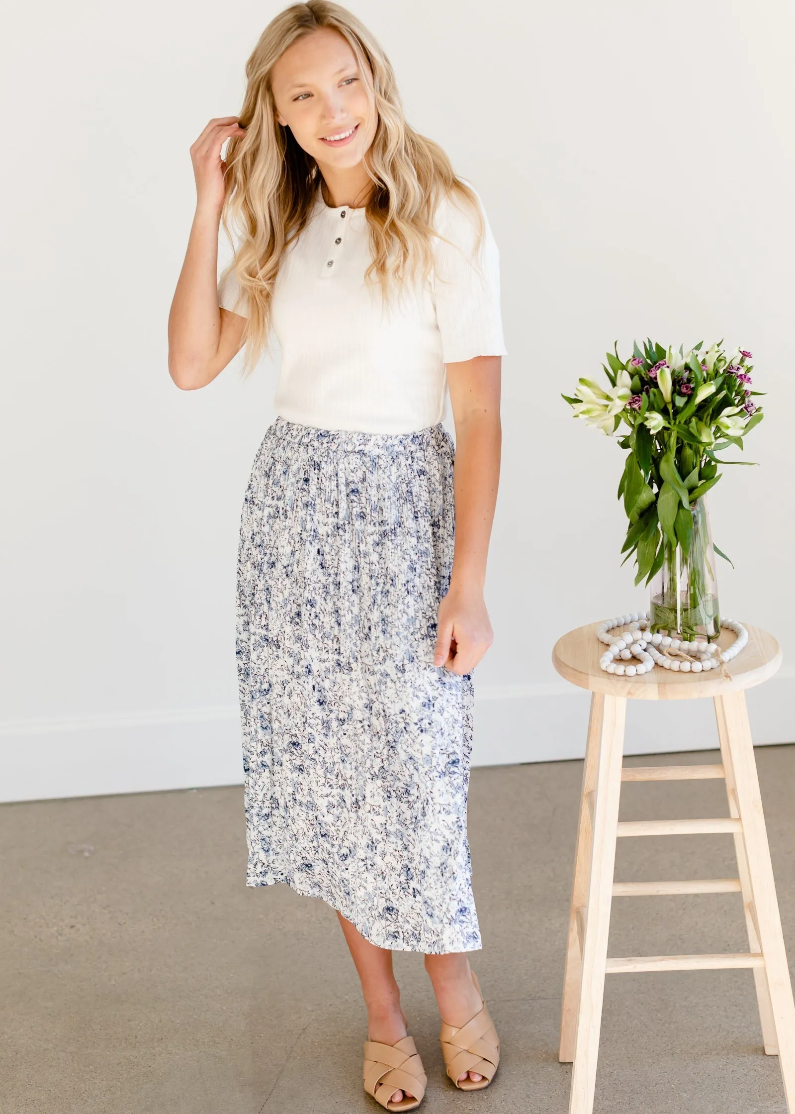 Blue Floral Pleated Midi Skirt