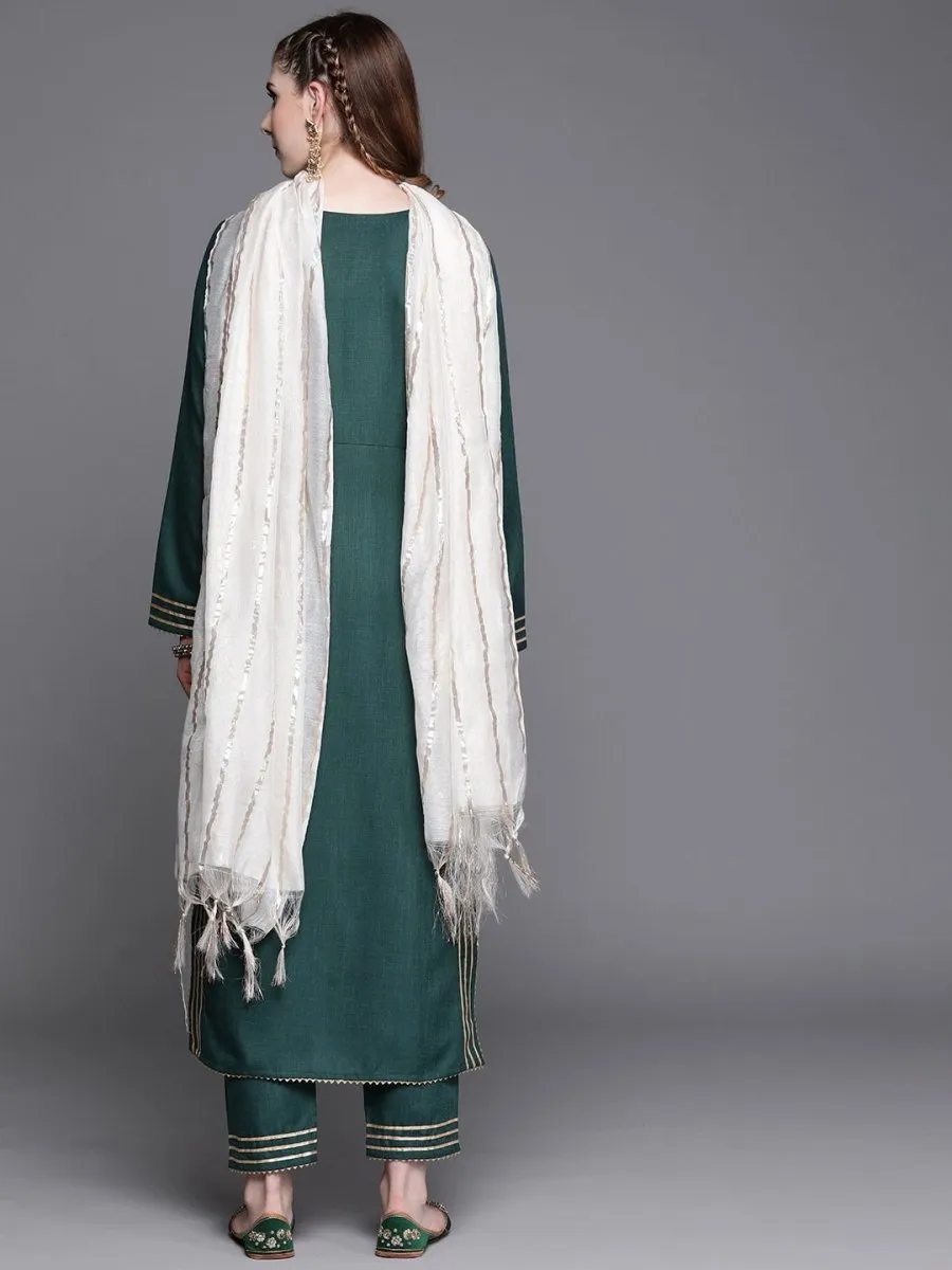 Bottle Green Gotta Detailed Kurta with Pants and Dupatta