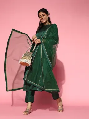 Bottle Green Woven Kurta with Pants and Dupatta