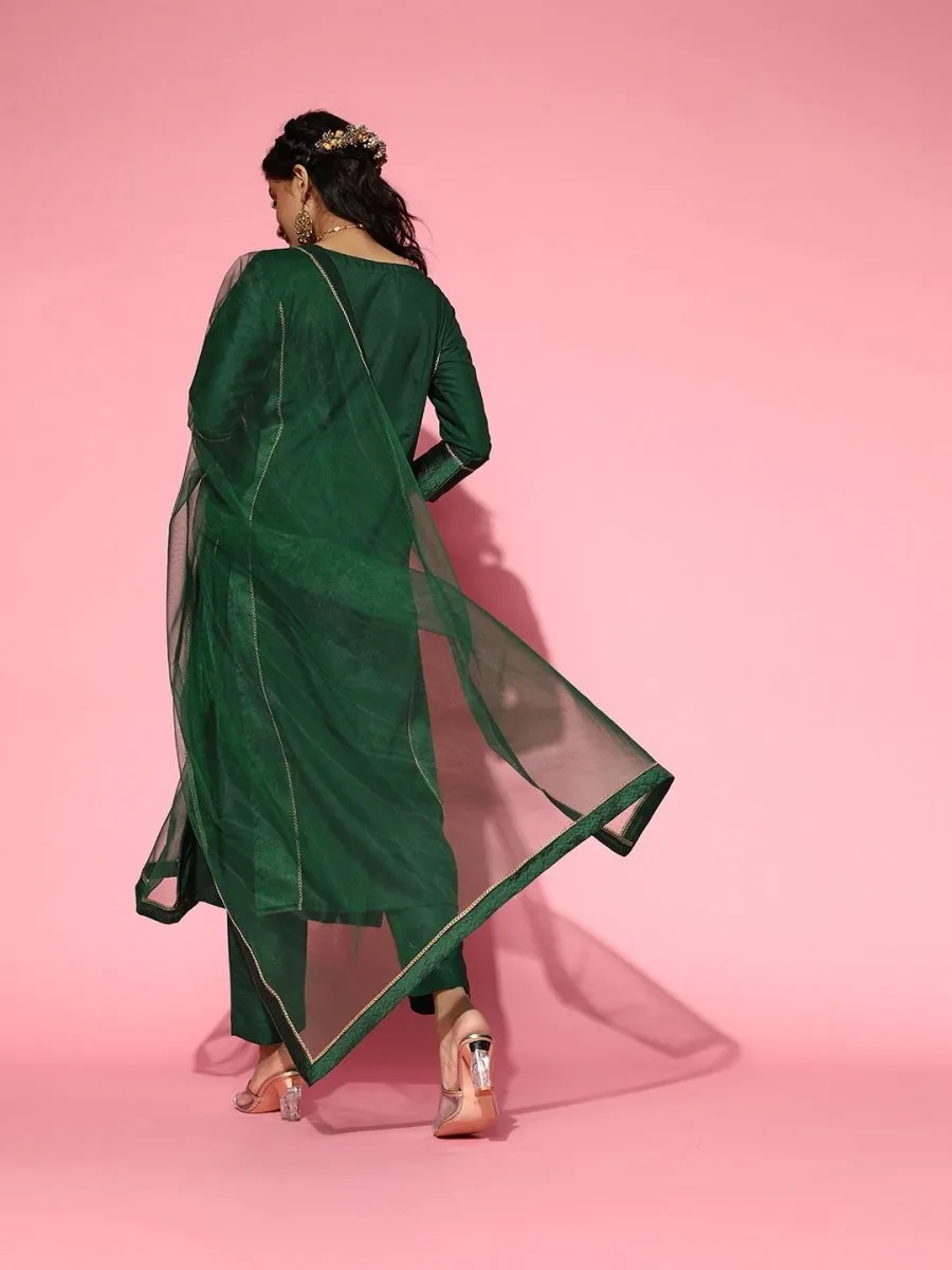 Bottle Green Woven Kurta with Pants and Dupatta