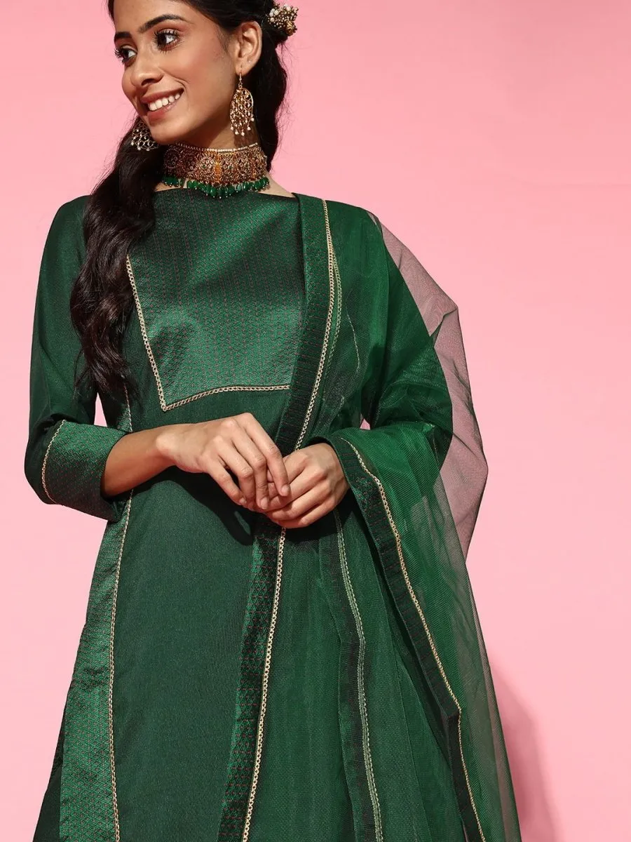 Bottle Green Woven Kurta with Pants and Dupatta