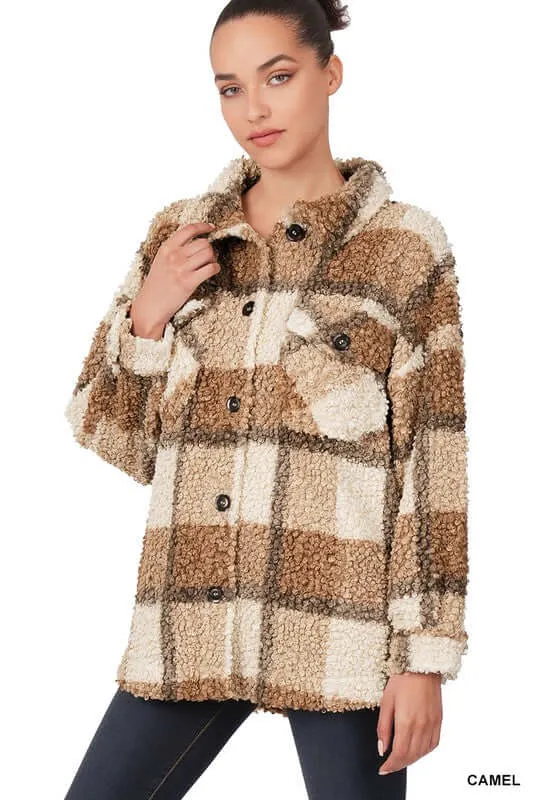 Camel Sherpa Plaid Shacket Jacket With Pockets