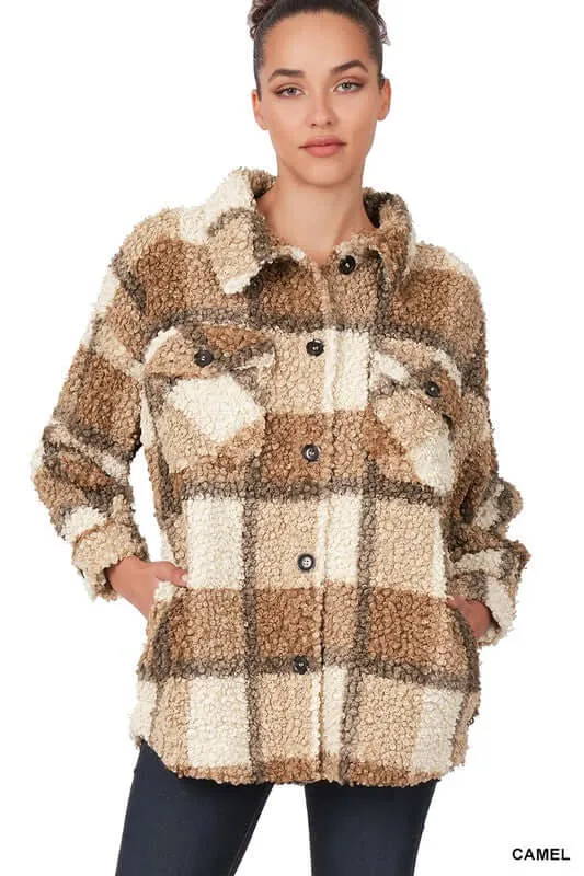 Camel Sherpa Plaid Shacket Jacket With Pockets