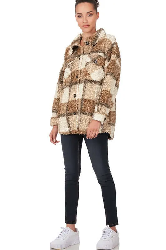 Camel Sherpa Plaid Shacket Jacket With Pockets