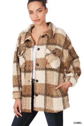 Camel Sherpa Plaid Shacket Jacket With Pockets