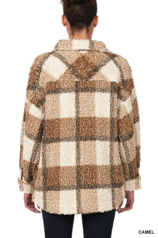 Camel Sherpa Plaid Shacket Jacket With Pockets