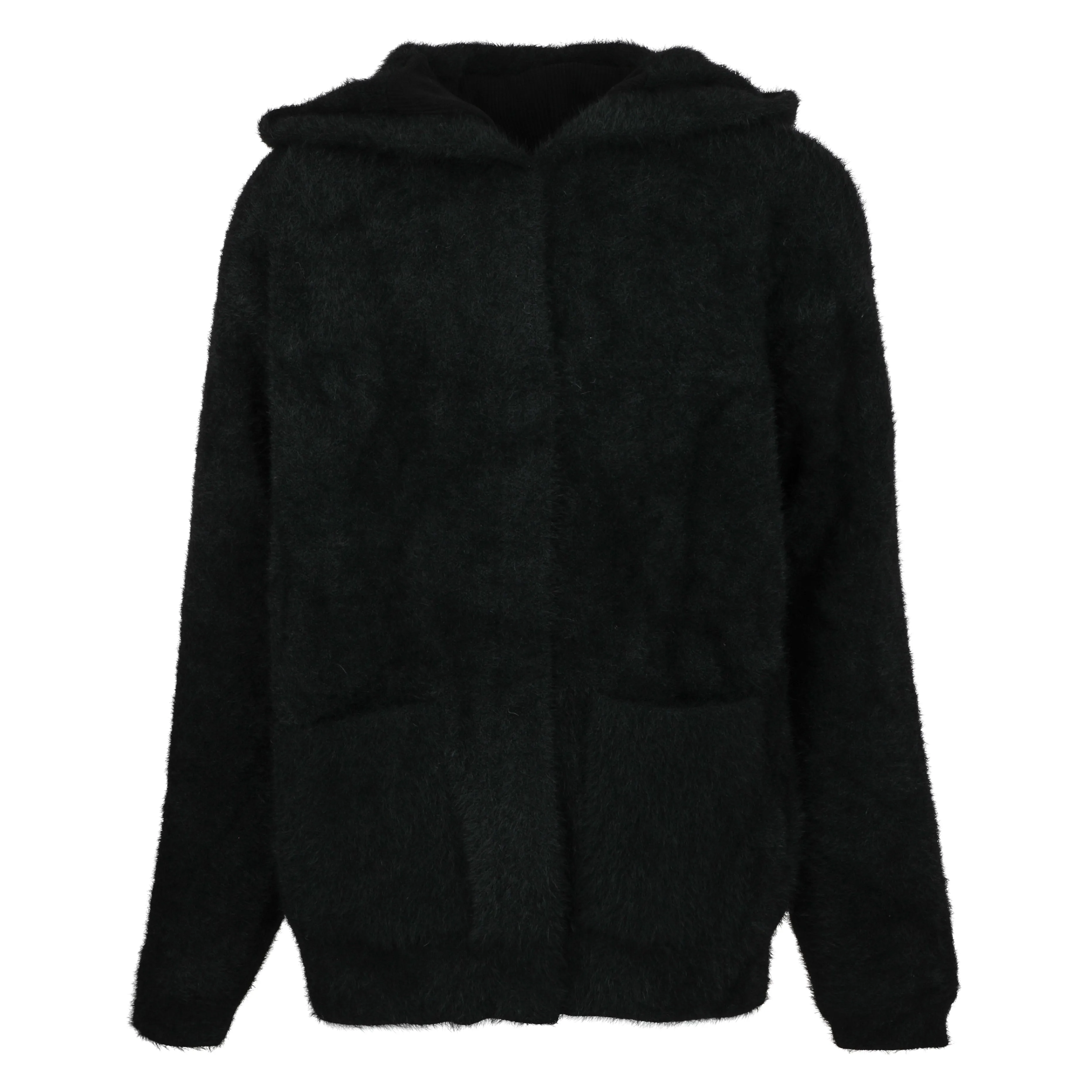 coat mohair fur with hood - black