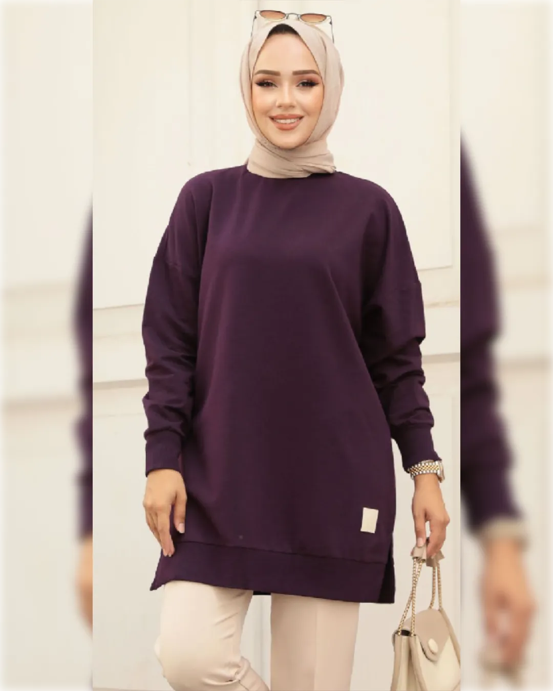 Cozy Long Cotton Blouse in Plum Shade   بلوزة رياضية قطنية دافئة باللون العنابيّ الجميل