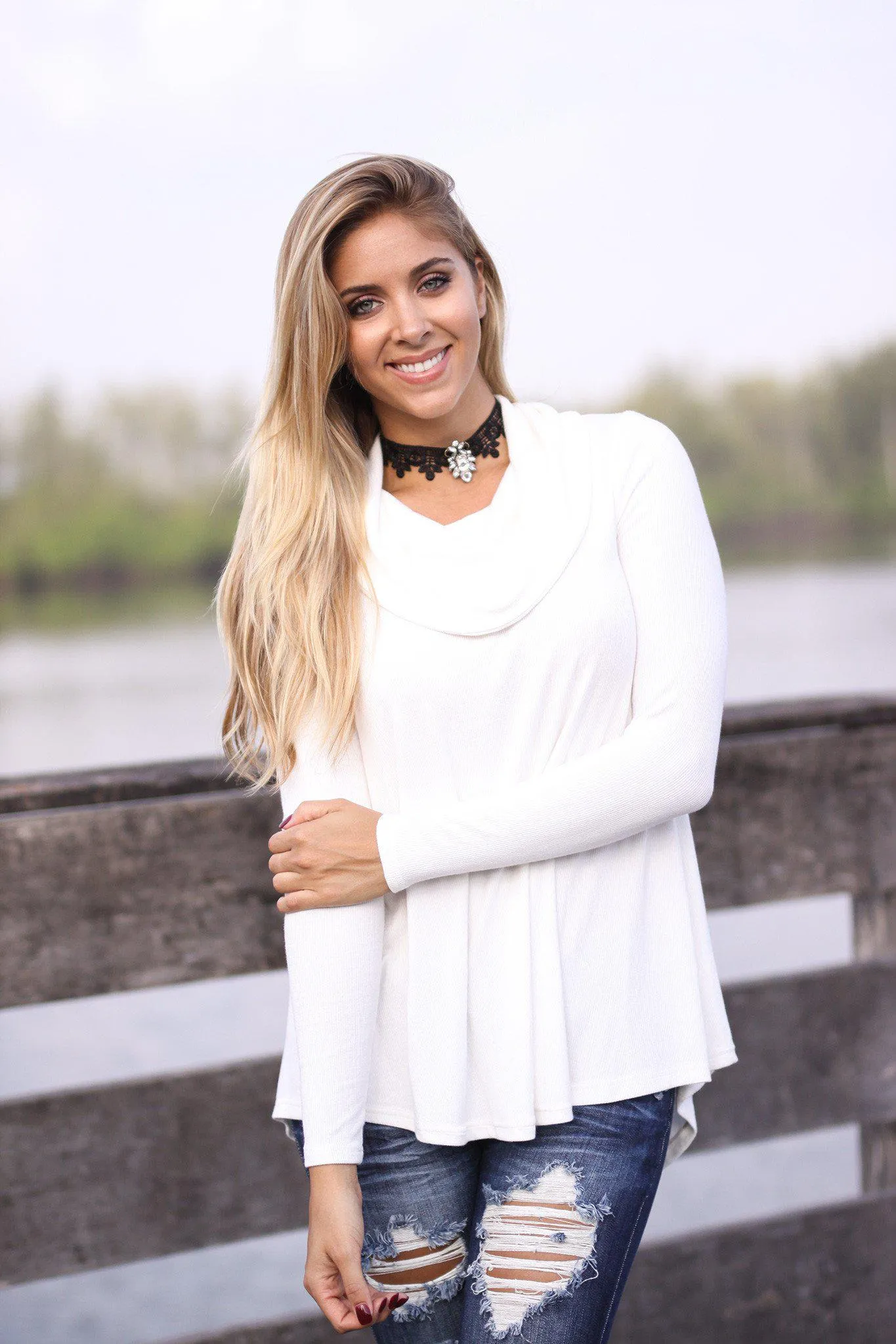 Cream Long Sleeve Cowl Neck Tunic