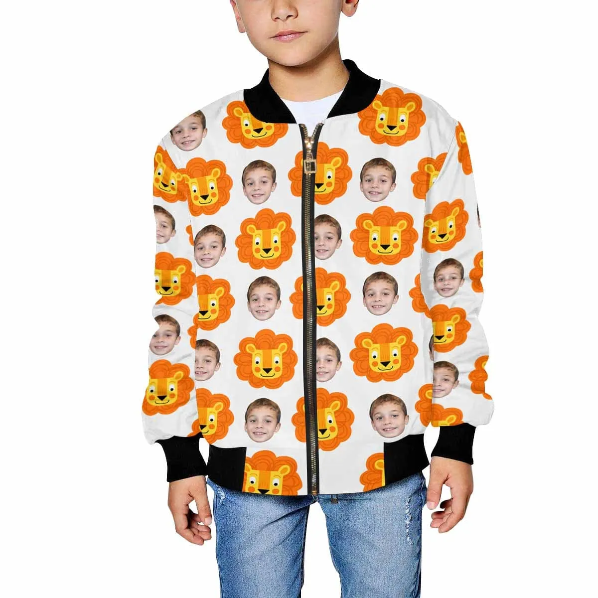 Custom Face Cartoon Lion Kid's All Over Print Bomber Jacket