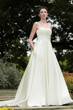 Cute Big Bow Ivory Satin A-line Wedding Dress with Pockets