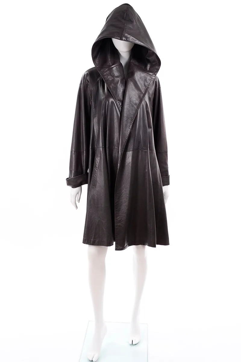 Donna Karan Hooded Gray Leather Swing Coat