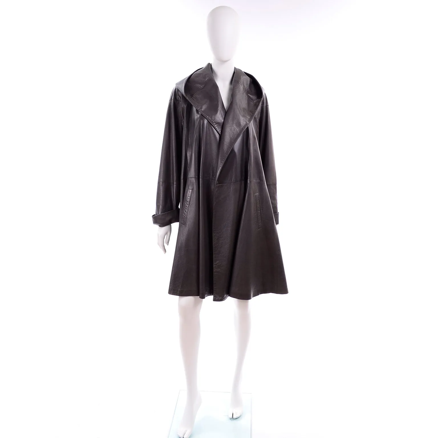 Donna Karan Hooded Gray Leather Swing Coat