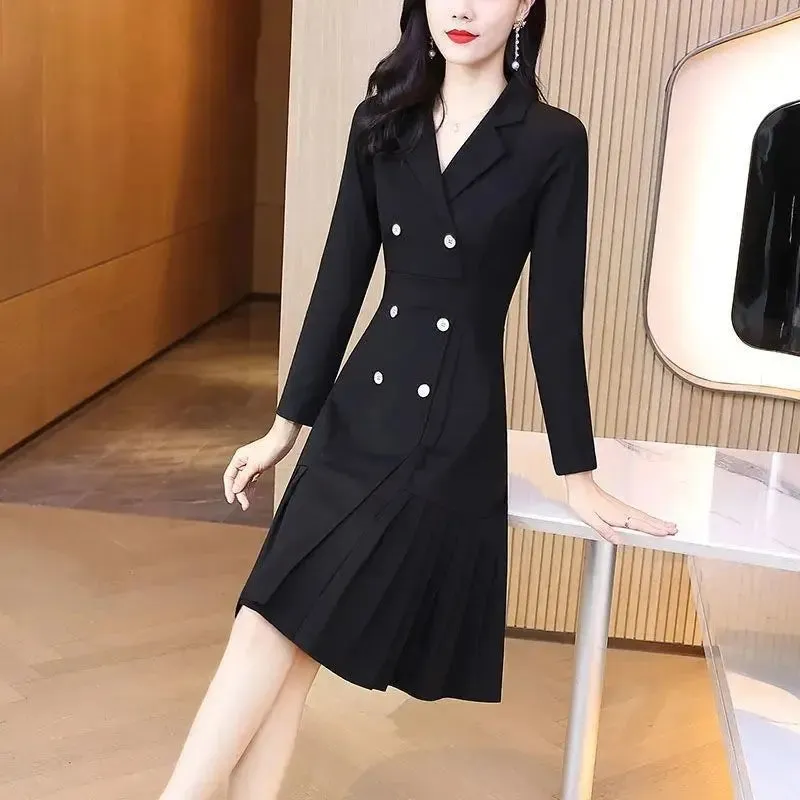 Elegant 2024 Spring Long Sleeve Double-Breasted Office Dress – Knee-Length, 2XL