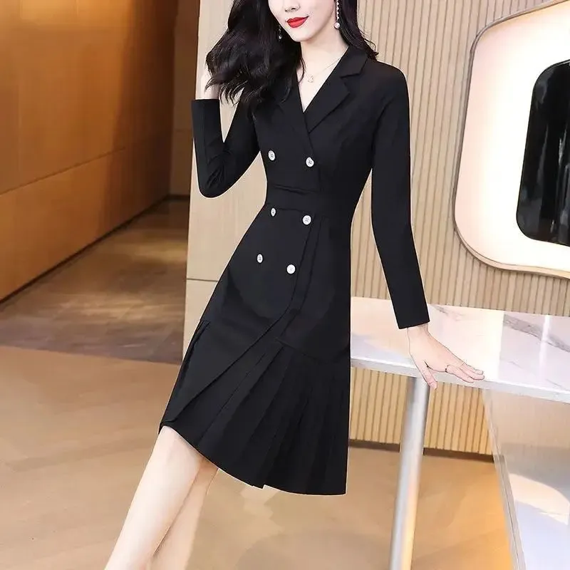 Elegant 2024 Spring Long Sleeve Double-Breasted Office Dress – Knee-Length, 2XL