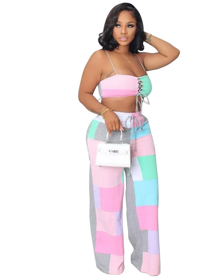 Fashion Design Pant Summer color matching Bandage Wide leg pants Full length Casual