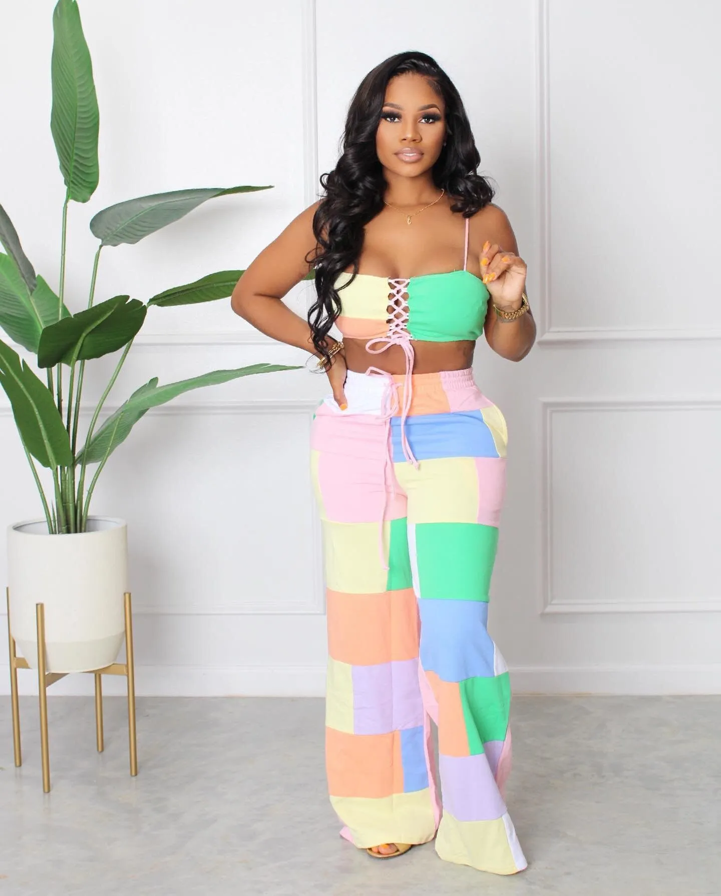 Fashion Design Pant Summer color matching Bandage Wide leg pants Full length Casual