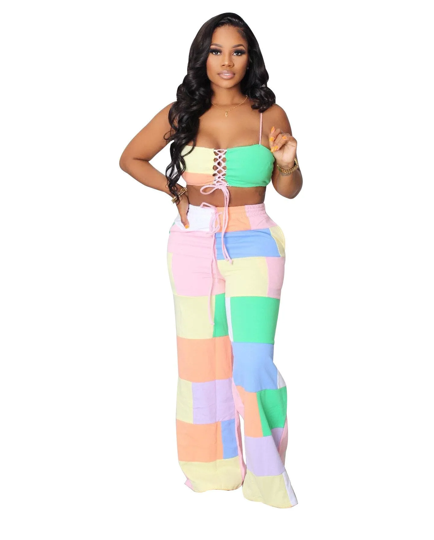 Fashion Design Pant Summer color matching Bandage Wide leg pants Full length Casual