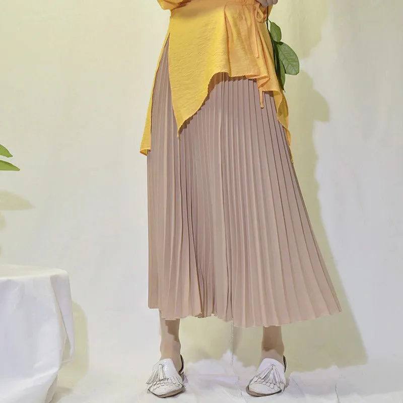 Flowy Solid Pleated Elastic High-Waist Vintage Maxi Skirts