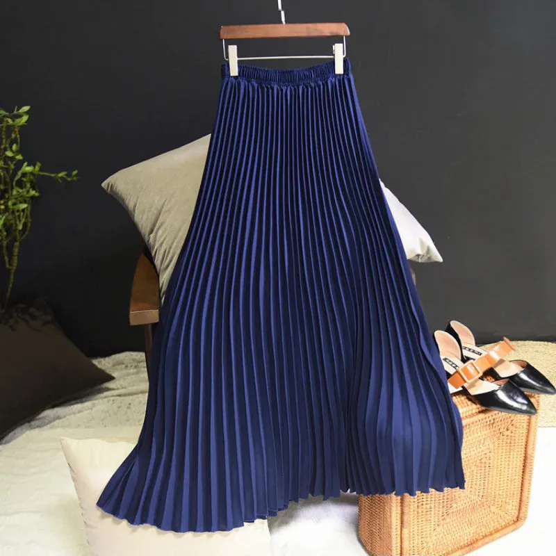 Flowy Solid Pleated Elastic High-Waist Vintage Maxi Skirts