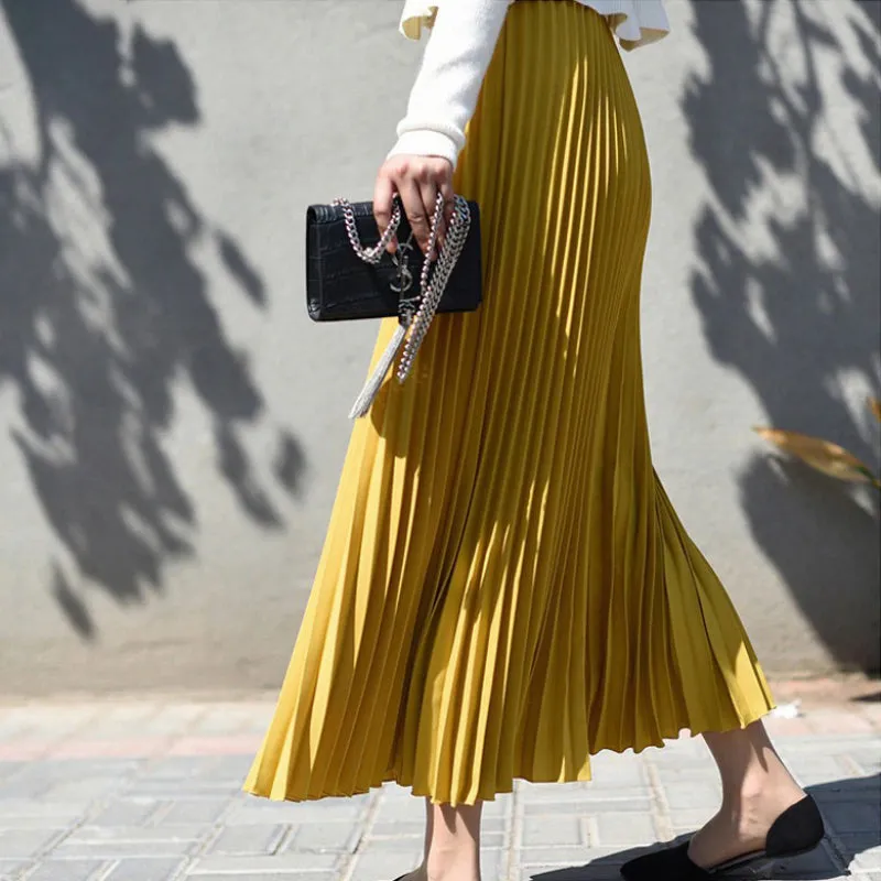 Flowy Solid Pleated Elastic High-Waist Vintage Maxi Skirts