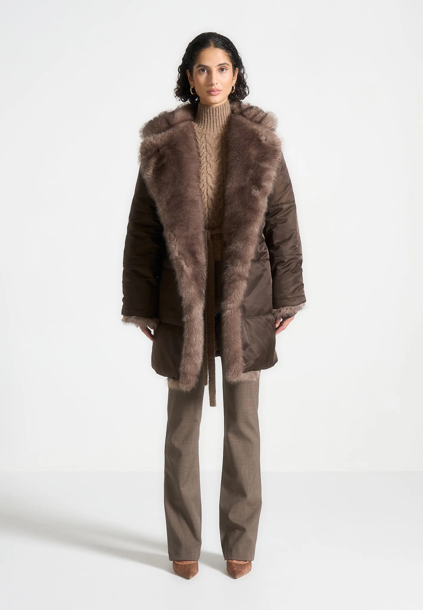 Fur Longline Belted Coat - Brown