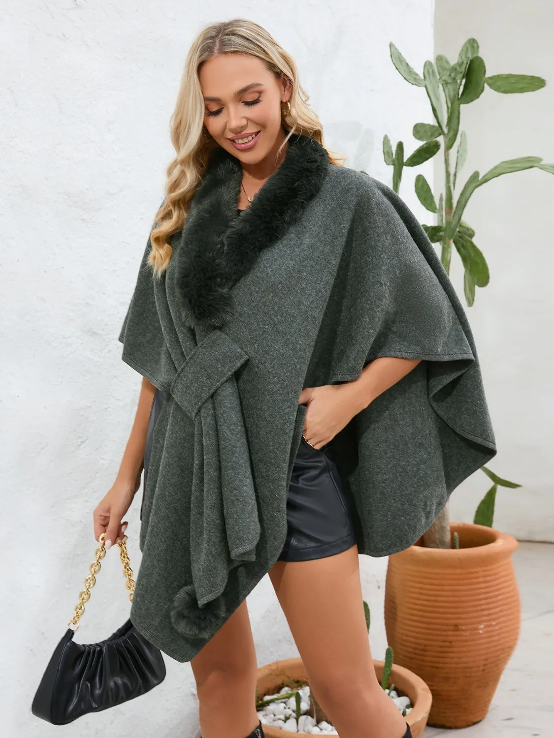 Fuzzy Trim Open Front Poncho